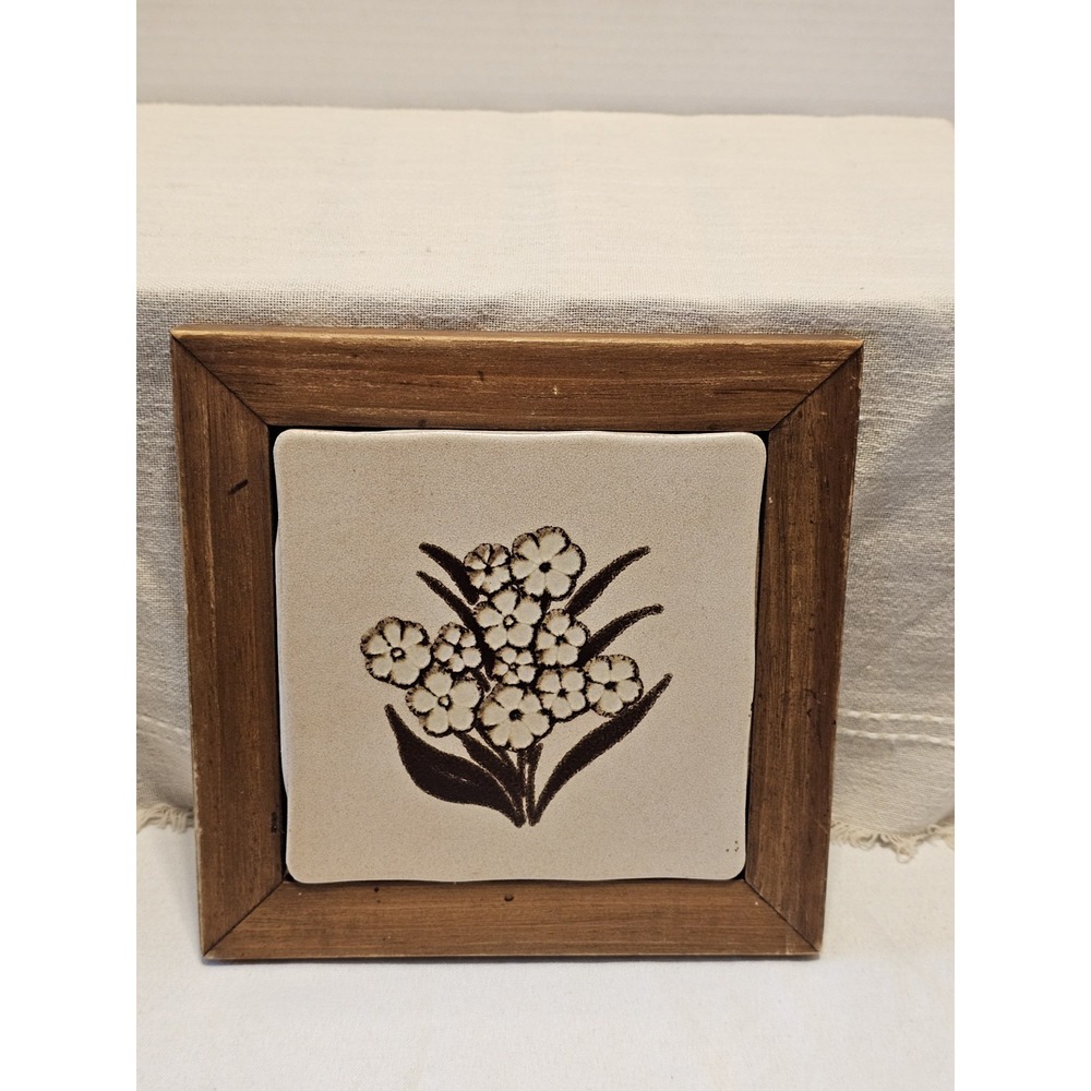 Vintage Brown Floral Ceramic Tile Wood Trivet 8 1/4"